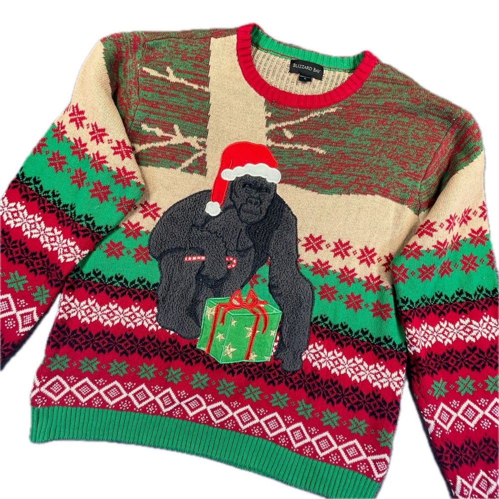 Blizzard Bay Gorilla Christmas Sweater L Red Green Cotton Ugly Holiday Party